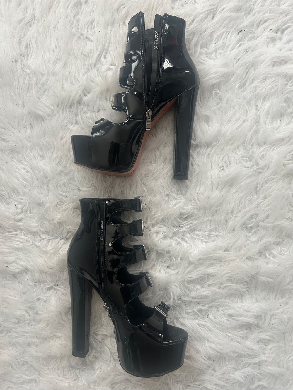 Patent leather black buckle platform heels, size 8, goth sexy open toe platform